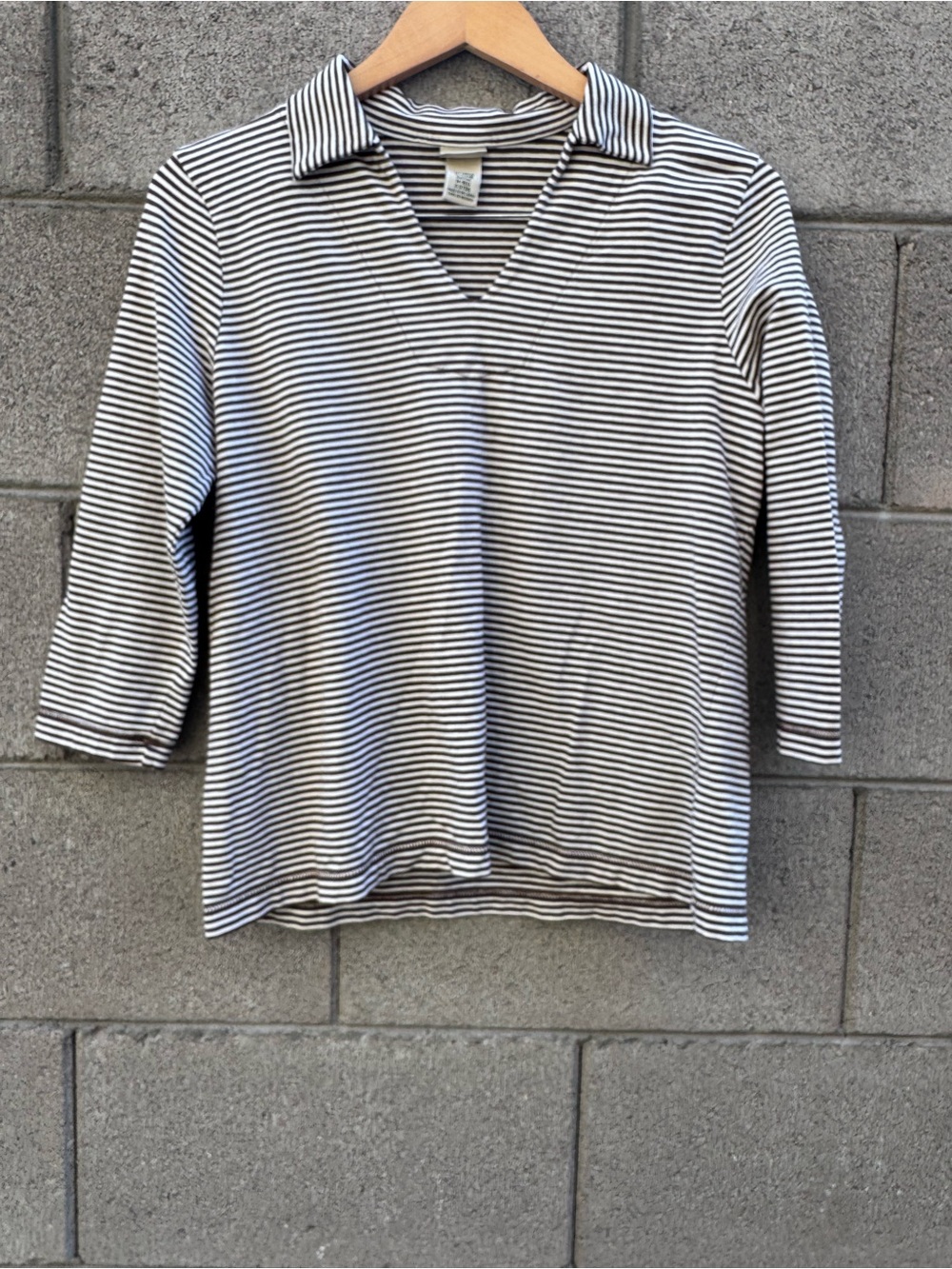 Vintage L.L.Bean Women's Brown and White Striped Knit Top